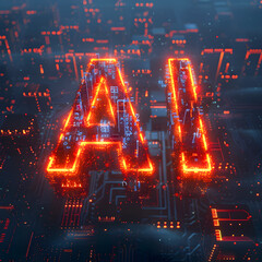 Poster - A 3D rendering of the glowing fiery letters  AI  displayed in a dynamic pose against a dark digital landscape filled with neon circuits and data streams  The intense lighting and high tech