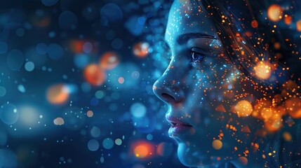 Poster - Close-up portrait of a woman with artistic bokeh lights and particles creating a surreal, dreamy atmosphere. Vibrant colors and dramatic effect.