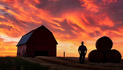 Wall Mural - Silhouetted Farmer at Sunset with a Barn and Hay Bales