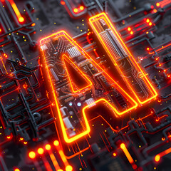 Poster - Stylized 3D of the letters  AI  with glowing circuits and neon highlights set against a dynamic futuristic digital matrix with flowing data streams  Featuring vibrant colors intricate light effects