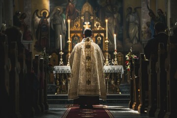 Priest is praying in a catholic church, wearing ornate vestments, with his back to the camera