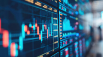 Poster - Blurred out stock market trading screen with various financial charts and data, representing modern finance, investment trends, and economic analysis.
