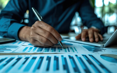 Poster - A professional analyzing financial graphs and charts on paper and laptop, emphasizing business growth and financial planning.