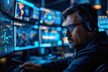 Poster - Focused cybersecurity specialist working at multiple monitors, analyzing data and defending against threats in a high-tech operations center.