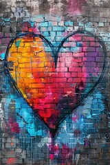 Poster - Vibrant heart graffiti on a textured brick wall featuring colorful splashes of paint, blending urban art with expressive creativity.