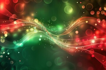 Poster - Abstract background with red and green waves flowing on a dark background with sparkling bokeh lights
