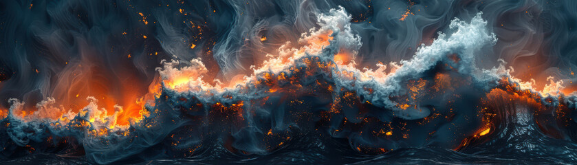 Poster - Abstract depiction of powerful waves intertwined with fire, creating a dramatic and intense visual representation of the elements.