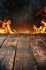 Poster - Burning flames and smoke rise from a rustic wooden table, perfect for concepts of danger, heat, and outdoor grilling.