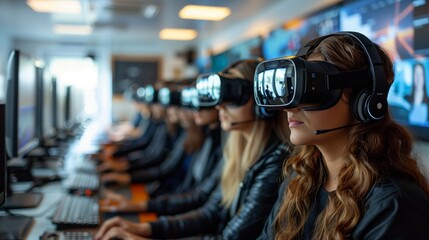 Poster - A group of individuals wearing virtual reality headsets and headphones are seated at individual workstations, immersed in a virtual environment.