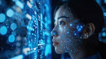 Poster - Young woman looks at futuristic interface, with blue holographic data and digital facial recognition technology. Concept of AI, cybersecurity, and innovation.