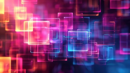 Poster - Vibrant abstract background with glowing overlapping squares in pink, orange, and blue hues, creating a dynamic and futuristic digital art effect.