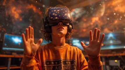 Poster - a student wears a vr headset while participating in a physics lesson, reaching out with both hands t