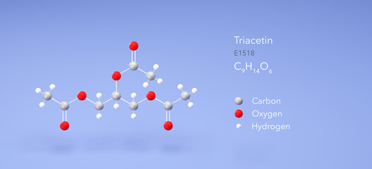 triacetin molecule, molecular structure, e1518, 3d model, Structural Chemical Formula and Atoms with Color Coding