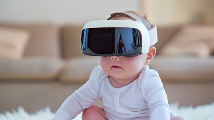 Wall Mural - A baby wearing a virtual reality headset. The baby is sitting on a rug