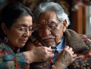 Senior Hispanic Couple Getting Flu Shot Together from Healthcare Worker in Clinic