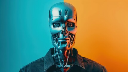 Poster - A robot with a silver face and a black jacket. The robot is standing in front of a blue and orange background
