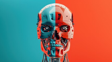 Poster - A robot head with a blue and red face. The robot head is made of metal and has a mechanical look