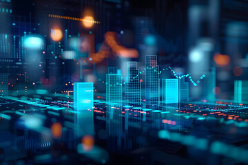 Poster - View of stock market expansion, business investment, and data analysis concept featuring digital financial charts, graphs, and indicators against a dark blue blurred background