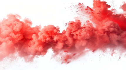 Wall Mural - Vibrant red smoke cloud swirling on a white background, creating a dynamic texture and abstract art effect in a studio setting.