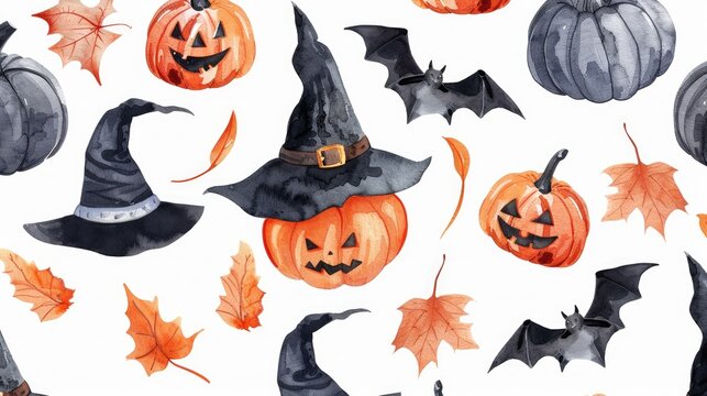 Halloween watercolor collection featuring hats, bats, and pumpkins on white