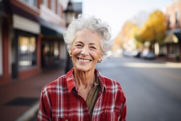 Sticker - Portrait of a cheerful woman in her 80s dressed in a relaxed flannel shirt isolated in charming small town main street