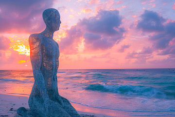 Wall Mural - Giant human shaped sculpture kneeling on a tropical beach at sunset