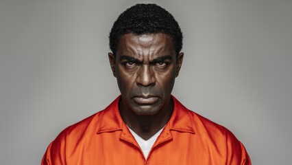 Poster - A man in orange prison uniform with a black and white background, AI