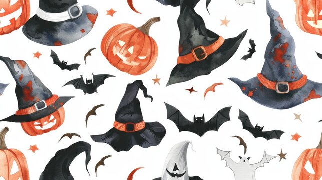 Halloween watercolor collection featuring hats, bats, and pumpkins on white