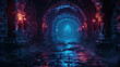 © Janjira - A dark, eerie dungeon illuminated by mysterious blue and red lights, with arched stone tunnels leading into the unknown. Perfect for fantasy and horror themes.