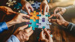 © Maestro - Teamwork concept: hands assembling colorful jigsaw puzzle pieces