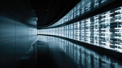 Poster - A curved wall is composed of hundreds of digital screens, each displaying various types of information, including data visualizations, images, and icons