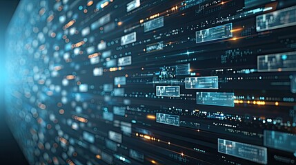 Poster - A curved wall is composed of hundreds of digital screens, each displaying various types of information, including data visualizations, images, and icons