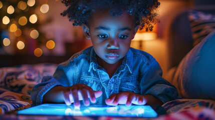 Young child with curly hair focused on a glowing tablet screen