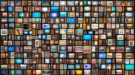 Poster - A curved wall is composed of hundreds of digital screens, each displaying various types of information, including data visualizations, images, and icons