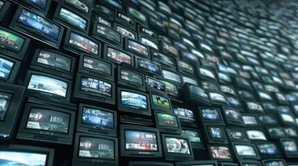 Poster - A curved wall is composed of hundreds of digital screens, each displaying various types of information, including data visualizations, images, and icons