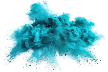 Wall Mural - Dynamic burst of teal powder explosion on white background, vividly capturing motion, energy, and color in a vibrant, abstract cloud of particles.