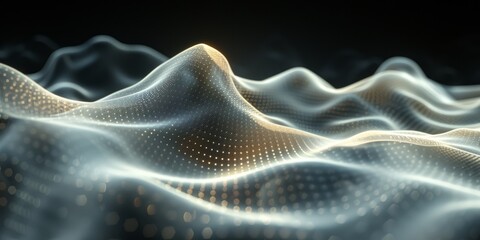 Poster - 3D abstract digital waveform with luminous particles representing data, connectivity, and technology.