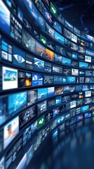 Poster - A curved wall is composed of hundreds of digital screens, each displaying various types of information, including data visualizations, images, and icons