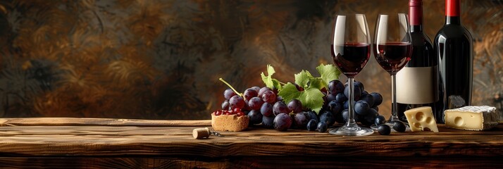 Aufkleber - Two wine glasses filled with red wine stand on a wooden table, surrounded by cheese, grapes, and bottles of wine. Generative AI