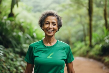 Poster - Portrait of a grinning indian woman in her 70s wearing a moisture-wicking running shirt in lush tropical rainforest