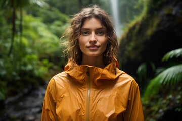 Sticker - Portrait of a satisfied woman in her 20s wearing a windproof softshell while standing against lush tropical rainforest