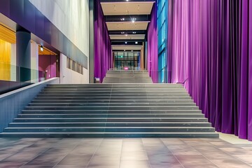 Elegant and modern staircase with vibrant purple curtains, creating a bright and inviting indoor setting with a touch of contemporary style.