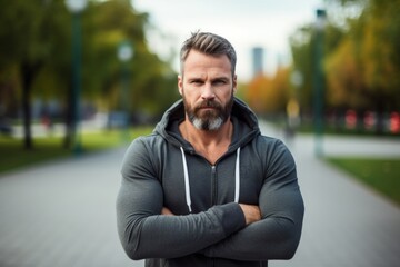 Poster - Portrait of a content man in his 40s wearing a zip-up fleece hoodie isolated in vibrant city park