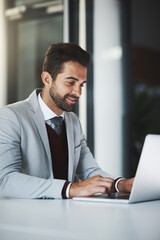 Aufkleber - Business man, smile and laptop in workplace for productivity, research and achievement of project goals. Corporate employee, happy and tech in office for positive email, investment and revenue report