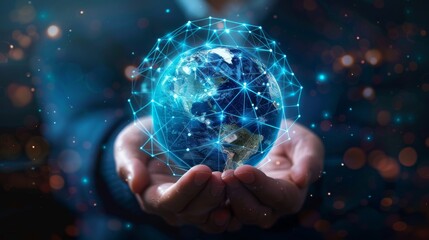 Poster - Depiction of human hands holding a digitally connected globe, symbolizing a global network enabled by technology