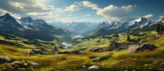 Canvas Print - mountain meadow with morning light atmosphere. rural landscape with valley