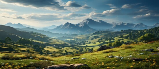 Canvas Print - mountain meadow with morning light atmosphere. rural landscape with valley