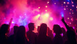 © abu - silhouettes of people dancing at a crowded party at midnight, colorful lights and smoke at background