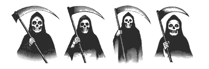 grim reaper y2k set halftone 90s Retro grunge grain effect and stippling vector dots textured realistic illustration 