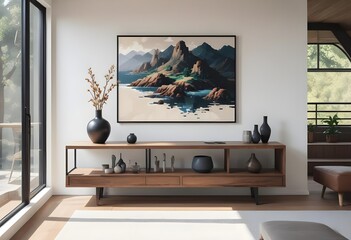 Wall Mural - A modern living room with a tv, decoration paintings, and a tv furniture set.